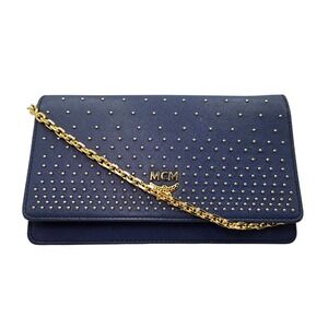 MCM Navy Blue‎ Studded Leather Chain Wallet Crossbody Clutch Bag